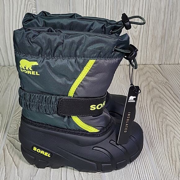 Sorel Flurry Winter Snow Boots Green Black Waterproof Kids Toddler Size 9 NIB - Picture 4 of 14